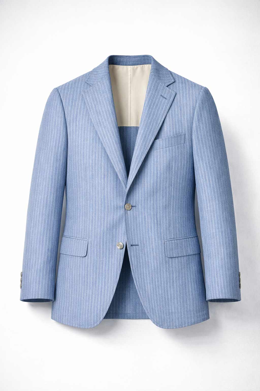 Blue pinstripe suit jacket on a white background